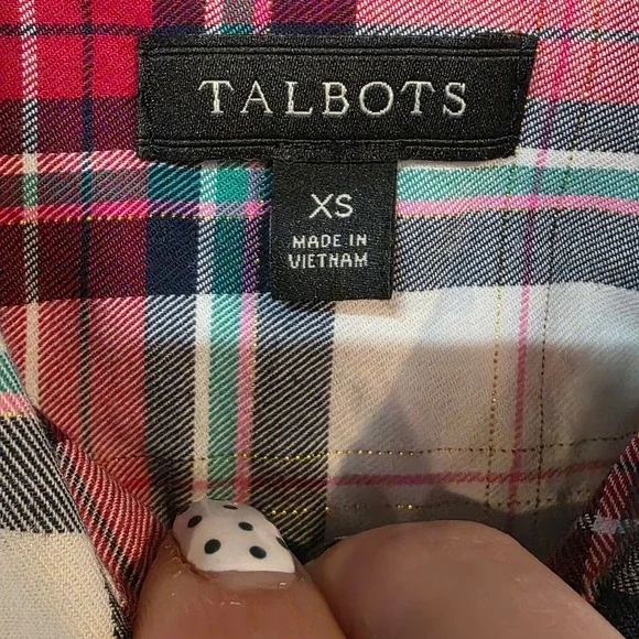 Talbots Women XS Plaid Button Up Shirt Long Sleeve Red Green Cream Gold Holiday - Picture 8 of 9